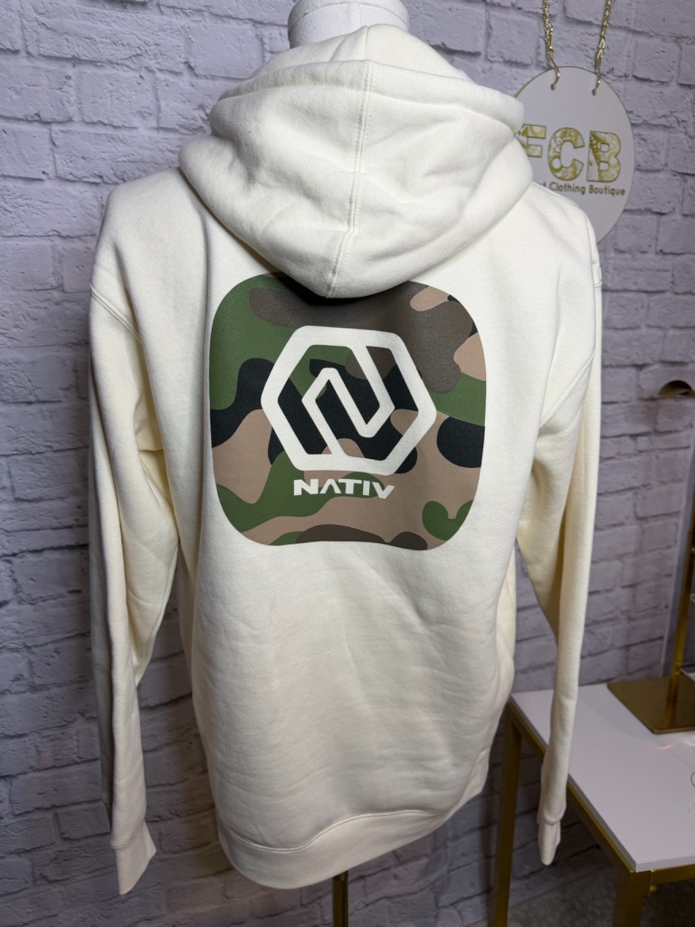 Native Cream Hoodie with Green Camo Logo